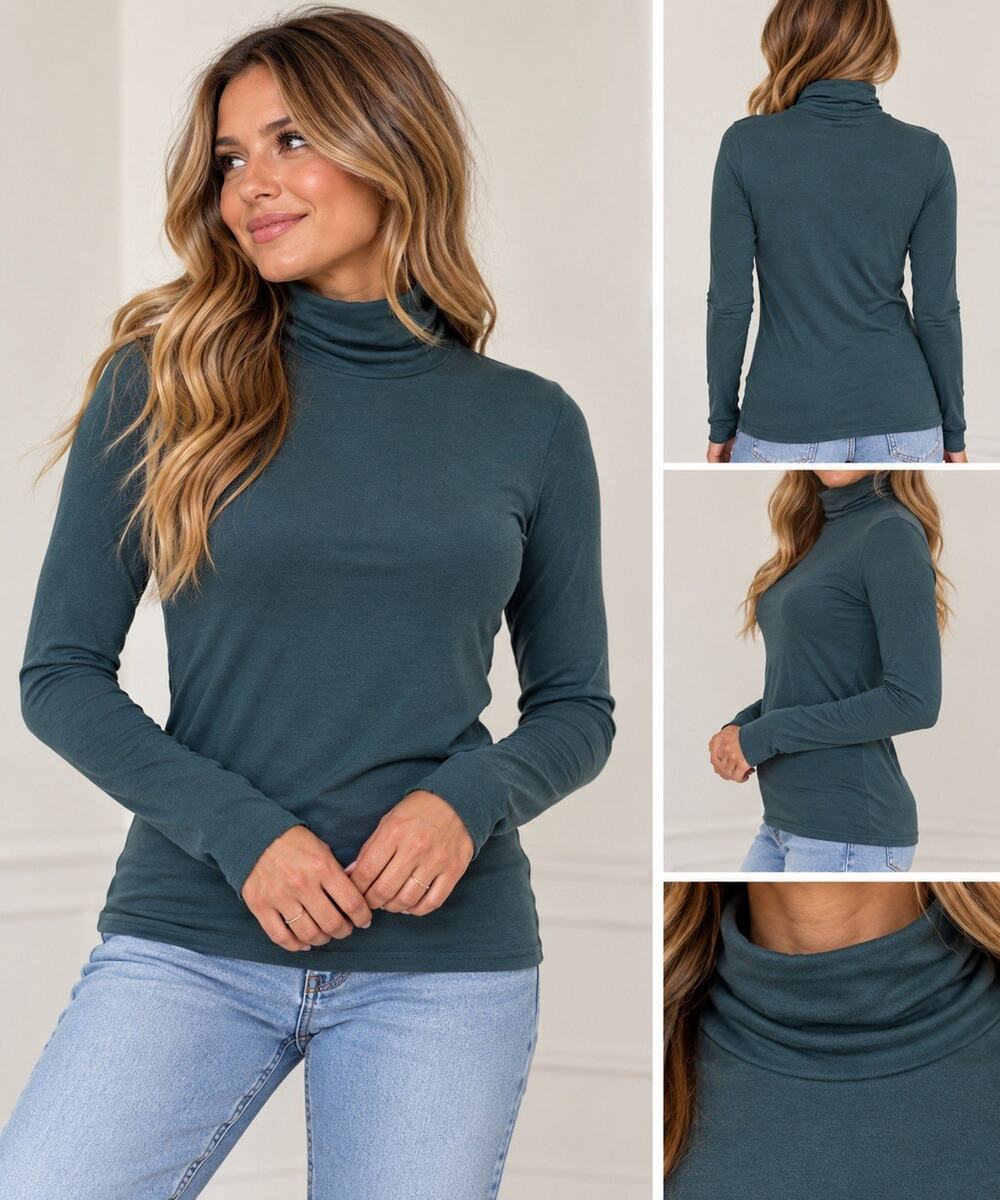 Halogen Women’s Long Sleeve Turtleneck Top Teal Blue Stretch Layering Shirt M
